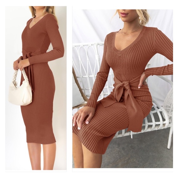 Sweater Dress V Neck Long Sleeve Ribbed Knit Slim Fit Bodycon Midi Dresses - Picture 1 of 4